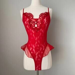 Intimate Style Red Lace Butterfly Embroidered Bodysuit Beaded Accents Sz L